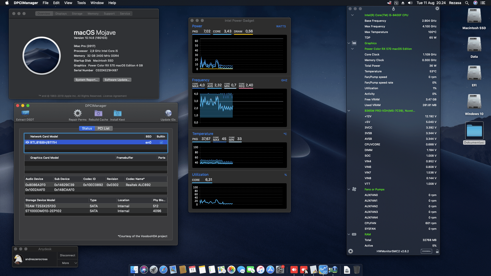 Success Hackintosh macOS Mojave 10.14.6 Build 18G103 at MSI B365M PRO-VDH + Intel Core i5-9400F + Power Color RX 570